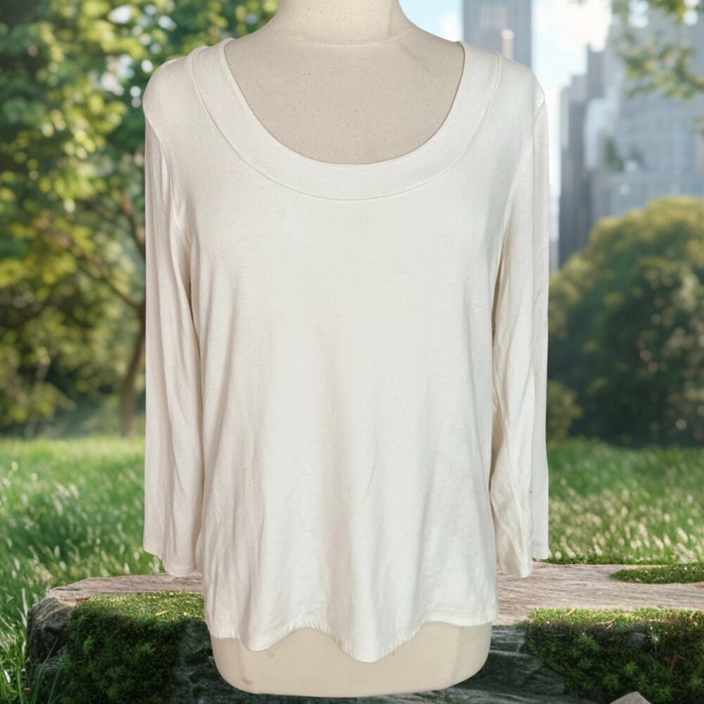 J. Jill Top Size Large Tall Ivory U Neck Rayon Stretch 3/4 Sleeves Minimalist